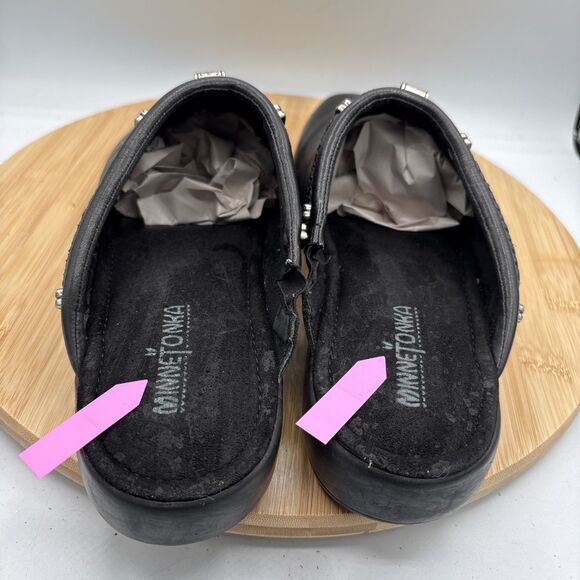 Minnetonka Black Leather Mule Slides Braided Strap Silver Charm Slip on Size 10 - Picture 10 of 10
